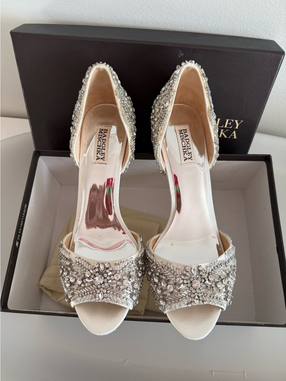 Badgley Mischka Crystal Embellished Ivory Satin Peep Toe Heels Size 10
